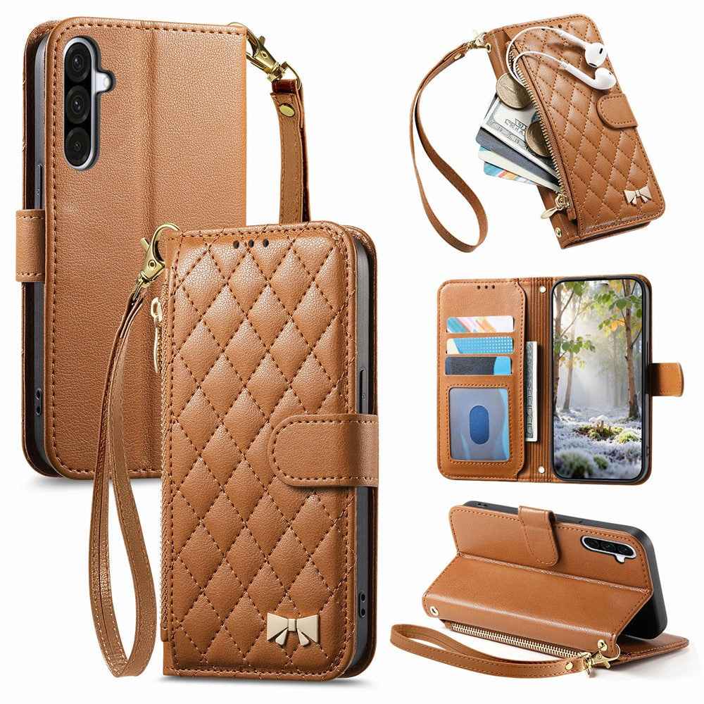 For Samsung Galaxy A57 5G Stand Case Imprint TPU PU Leather Zipper Pocket Wallet Phone Cover with Strap - Brown