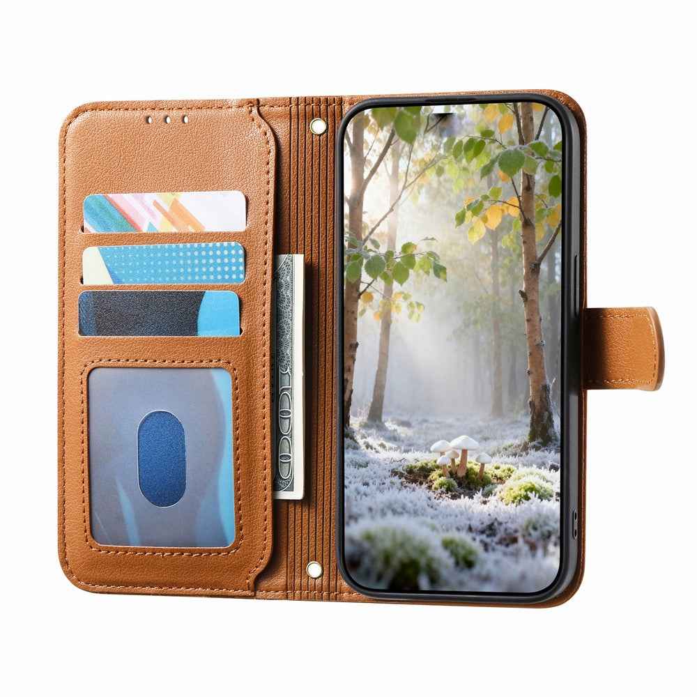 For Samsung Galaxy A57 5G Stand Case Imprint TPU PU Leather Zipper Pocket Wallet Phone Cover with Strap - Brown