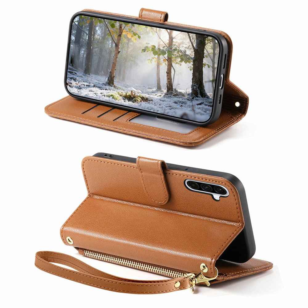 For Samsung Galaxy A57 5G Stand Case Imprint TPU PU Leather Zipper Pocket Wallet Phone Cover with Strap - Brown