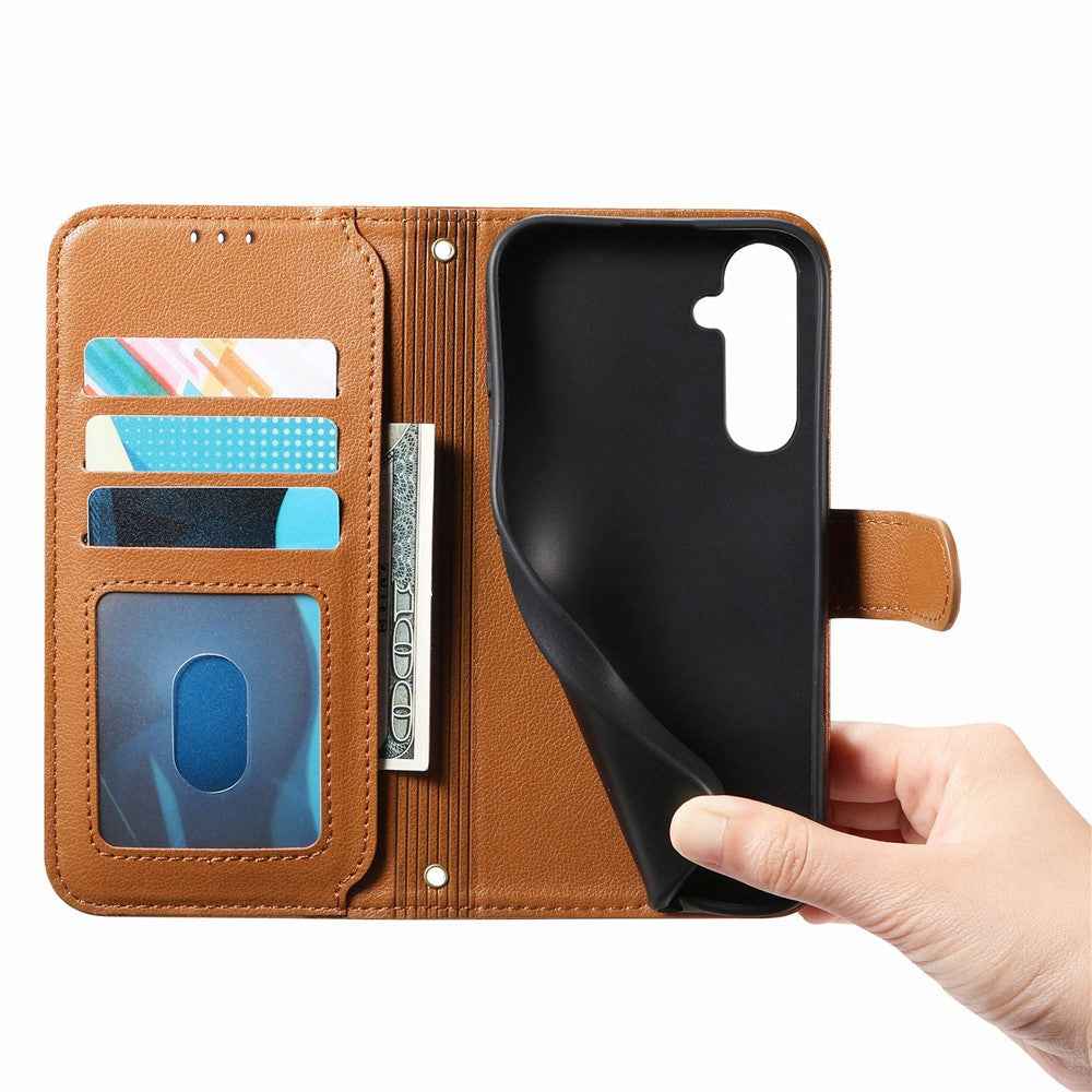 For Samsung Galaxy A57 5G Stand Case Imprint TPU PU Leather Zipper Pocket Wallet Phone Cover with Strap - Brown