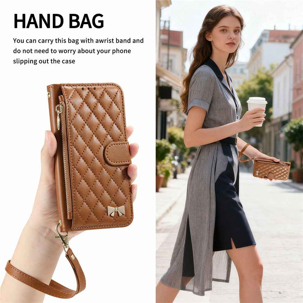 For Samsung Galaxy A57 5G Stand Case Imprint TPU PU Leather Zipper Pocket Wallet Phone Cover with Strap - Brown