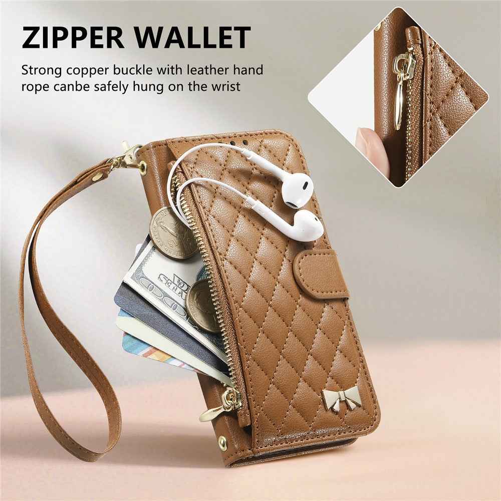 For Samsung Galaxy A57 5G Stand Case Imprint TPU PU Leather Zipper Pocket Wallet Phone Cover with Strap - Brown