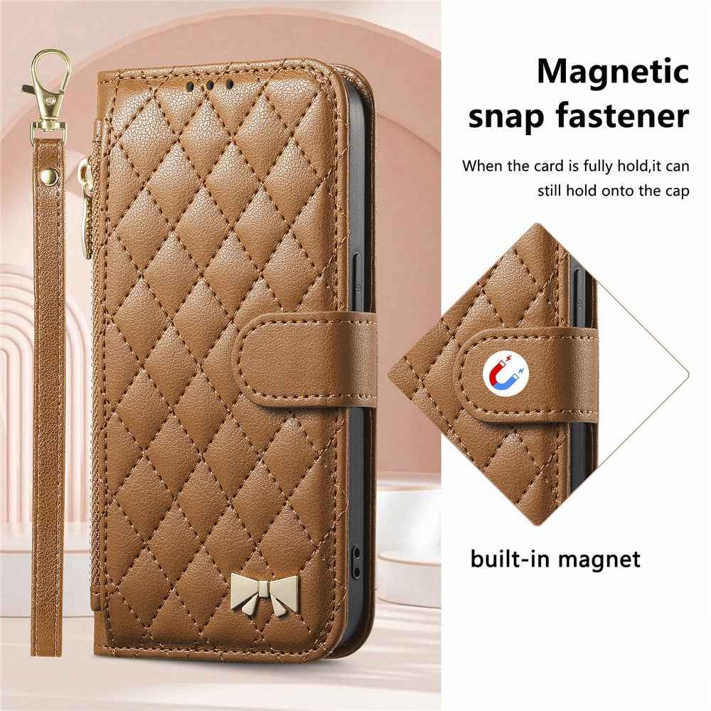 For Samsung Galaxy A57 5G Stand Case Imprint TPU PU Leather Zipper Pocket Wallet Phone Cover with Strap - Brown
