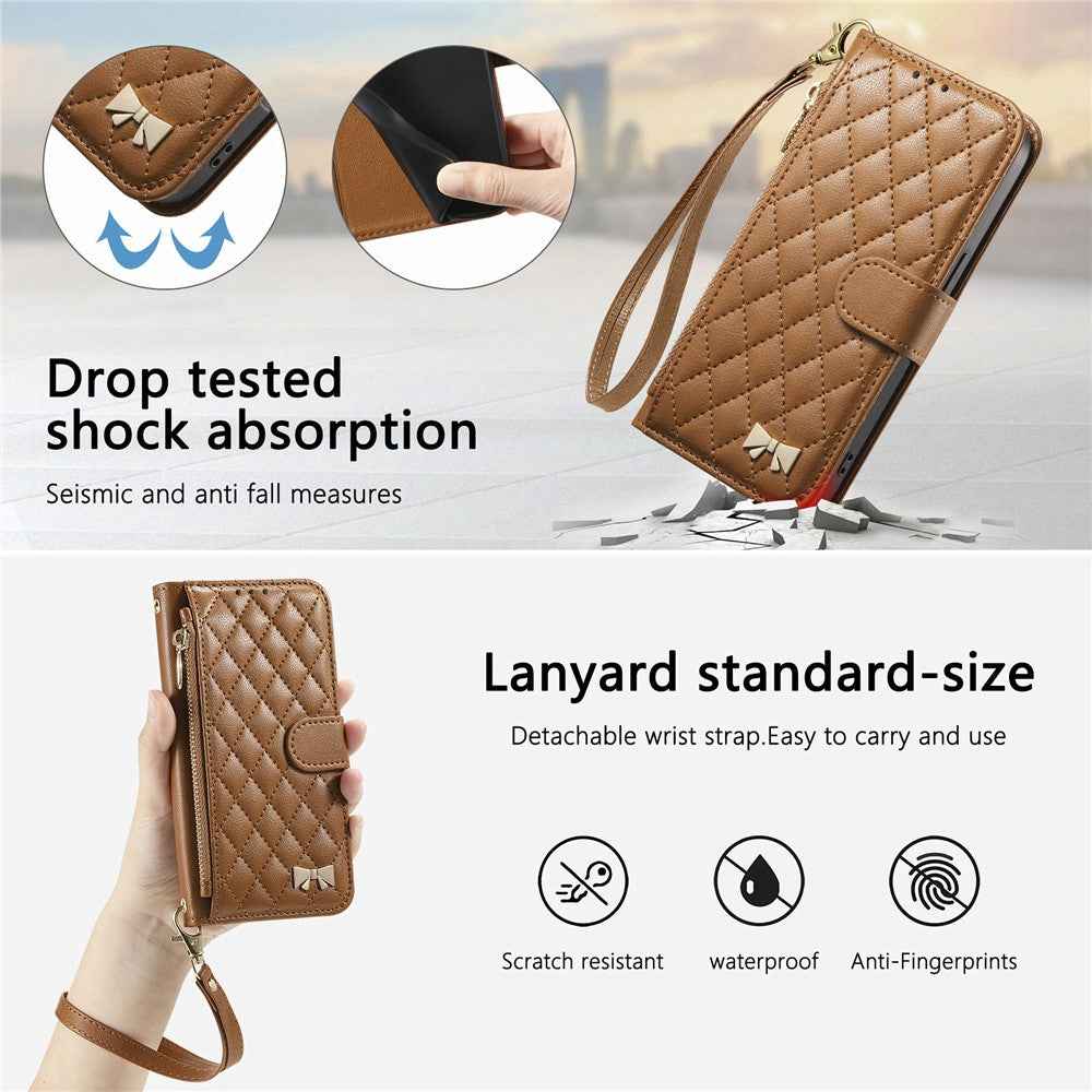 For Samsung Galaxy A57 5G Stand Case Imprint TPU PU Leather Zipper Pocket Wallet Phone Cover with Strap - Brown