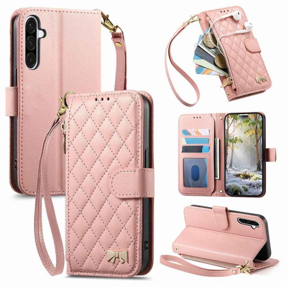 For Samsung Galaxy A57 5G Stand Case Imprint TPU PU Leather Zipper Pocket Wallet Phone Cover with Strap - Pink