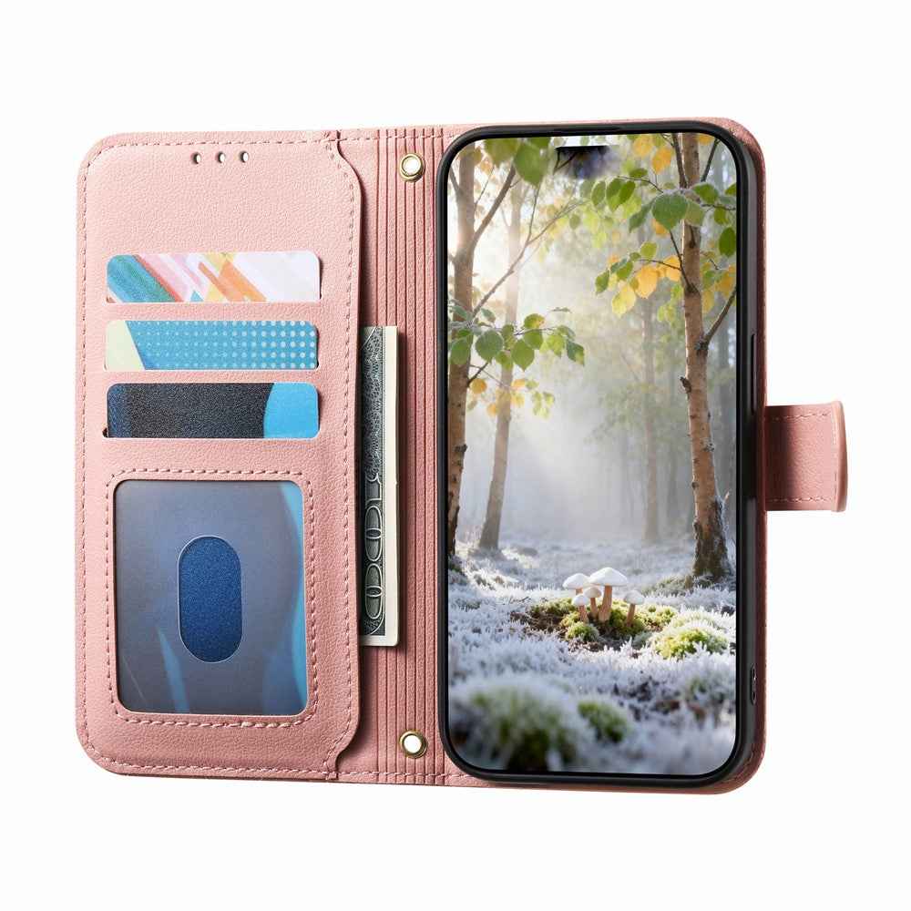 For Samsung Galaxy A57 5G Stand Case Imprint TPU PU Leather Zipper Pocket Wallet Phone Cover with Strap - Pink