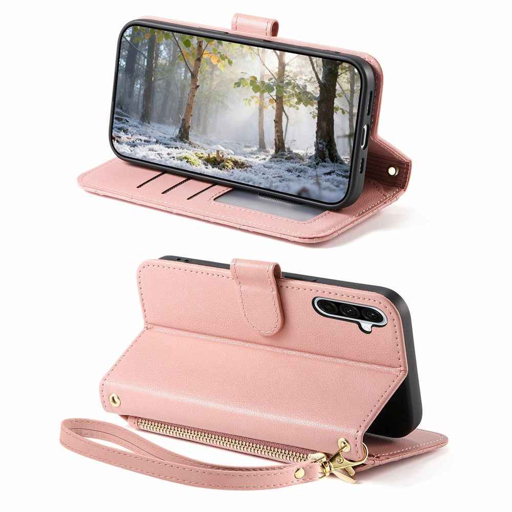 For Samsung Galaxy A57 5G Stand Case Imprint TPU PU Leather Zipper Pocket Wallet Phone Cover with Strap - Pink