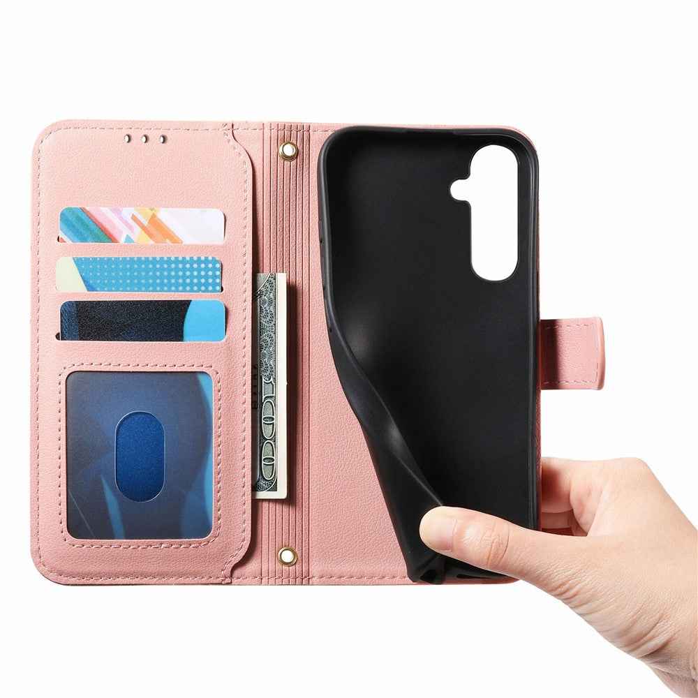 For Samsung Galaxy A57 5G Stand Case Imprint TPU PU Leather Zipper Pocket Wallet Phone Cover with Strap - Pink