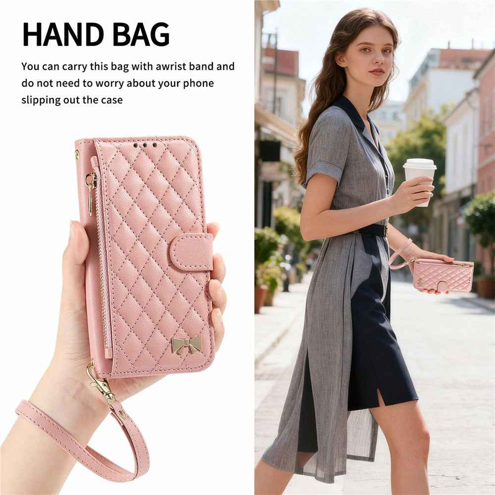 For Samsung Galaxy A57 5G Stand Case Imprint TPU PU Leather Zipper Pocket Wallet Phone Cover with Strap - Pink