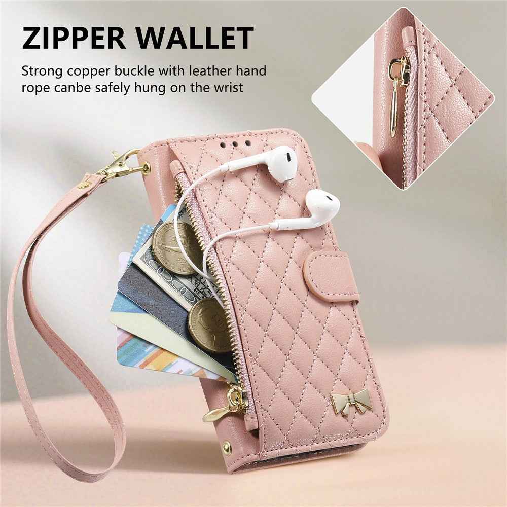 For Samsung Galaxy A57 5G Stand Case Imprint TPU PU Leather Zipper Pocket Wallet Phone Cover with Strap - Pink
