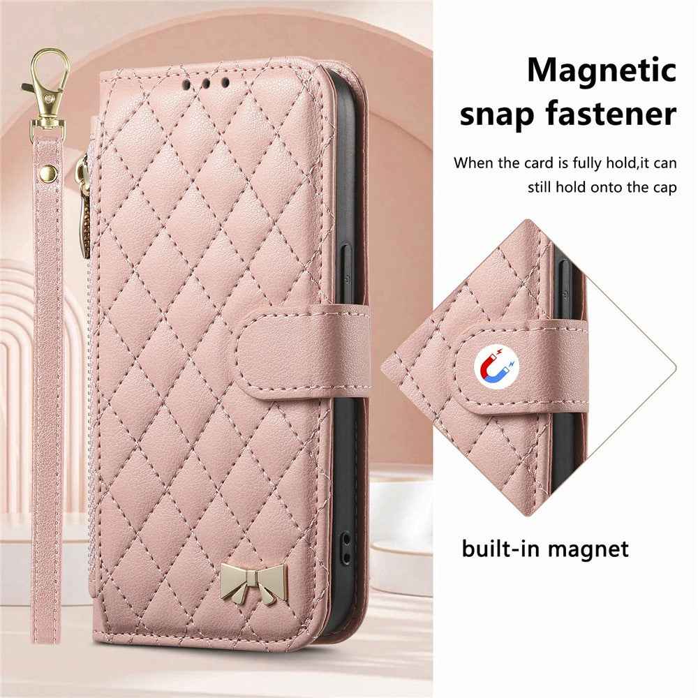 For Samsung Galaxy A57 5G Stand Case Imprint TPU PU Leather Zipper Pocket Wallet Phone Cover with Strap - Pink