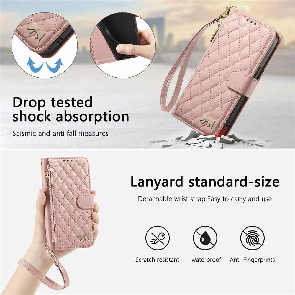 For Samsung Galaxy A57 5G Stand Case Imprint TPU PU Leather Zipper Pocket Wallet Phone Cover with Strap - Pink