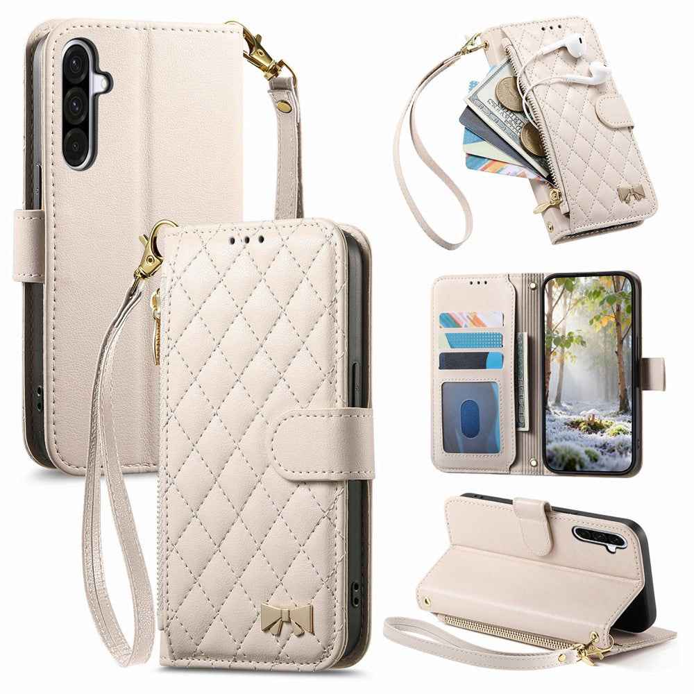 For Samsung Galaxy A57 5G Stand Case Imprint TPU PU Leather Zipper Pocket Wallet Phone Cover with Strap - White
