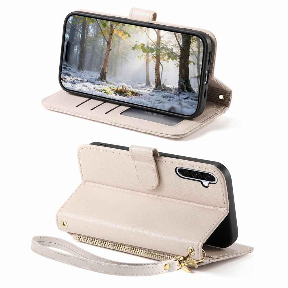 For Samsung Galaxy A57 5G Stand Case Imprint TPU PU Leather Zipper Pocket Wallet Phone Cover with Strap - White