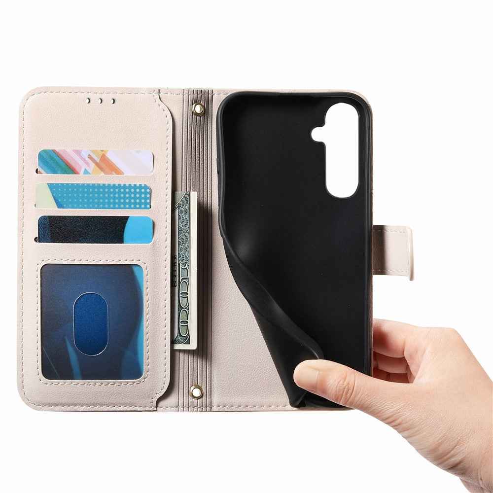 For Samsung Galaxy A57 5G Stand Case Imprint TPU PU Leather Zipper Pocket Wallet Phone Cover with Strap - White