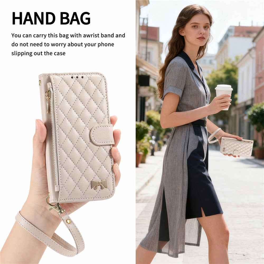 For Samsung Galaxy A57 5G Stand Case Imprint TPU PU Leather Zipper Pocket Wallet Phone Cover with Strap - White