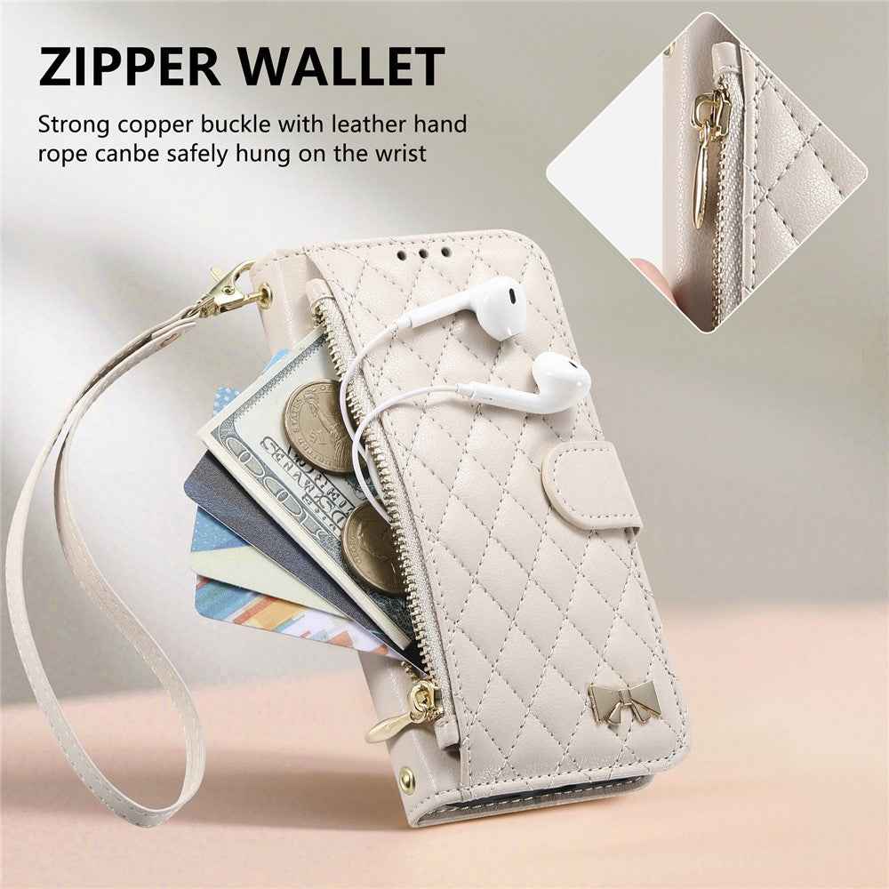 For Samsung Galaxy A57 5G Stand Case Imprint TPU PU Leather Zipper Pocket Wallet Phone Cover with Strap - White