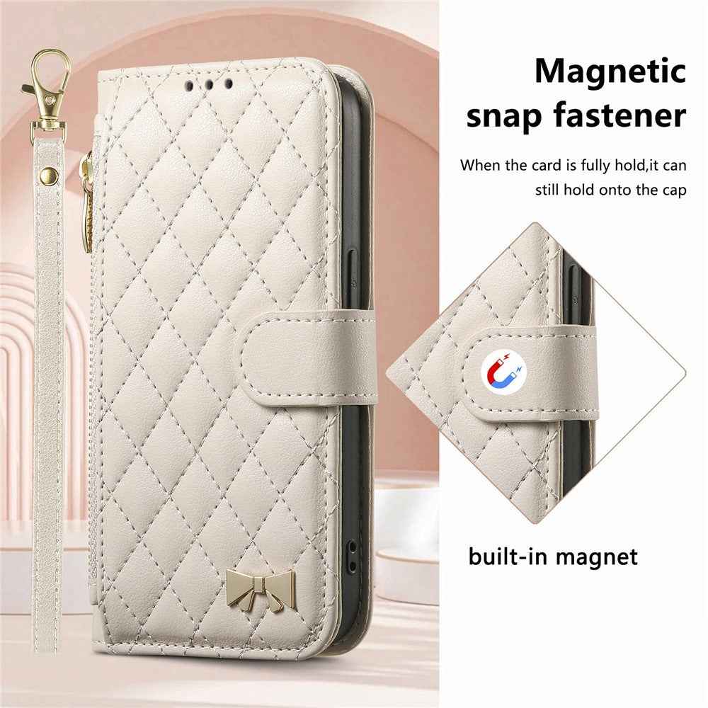 For Samsung Galaxy A57 5G Stand Case Imprint TPU PU Leather Zipper Pocket Wallet Phone Cover with Strap - White