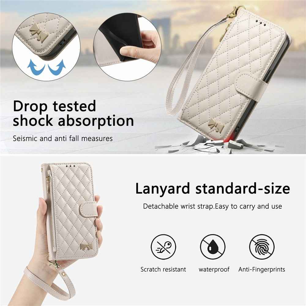 For Samsung Galaxy A57 5G Stand Case Imprint TPU PU Leather Zipper Pocket Wallet Phone Cover with Strap - White