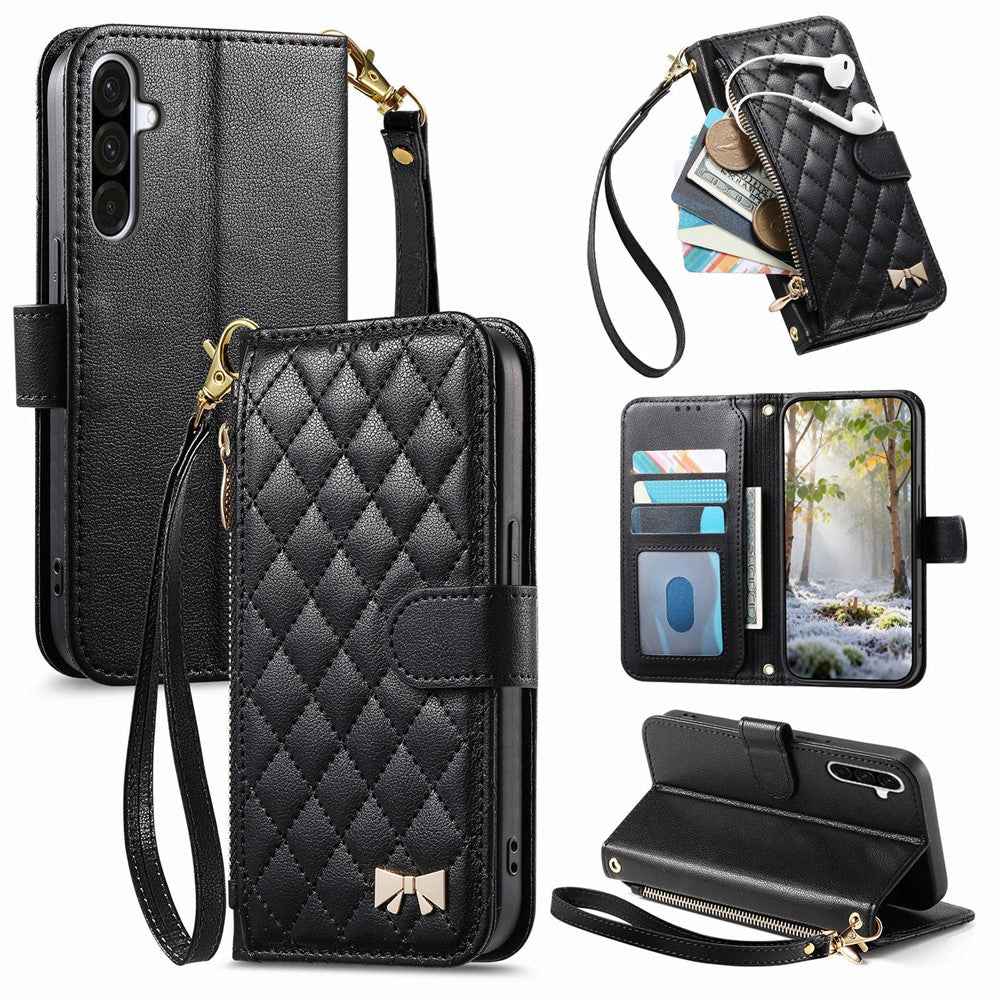 For Samsung Galaxy A57 5G Stand Case Imprint TPU PU Leather Zipper Pocket Wallet Phone Cover with Strap - Black