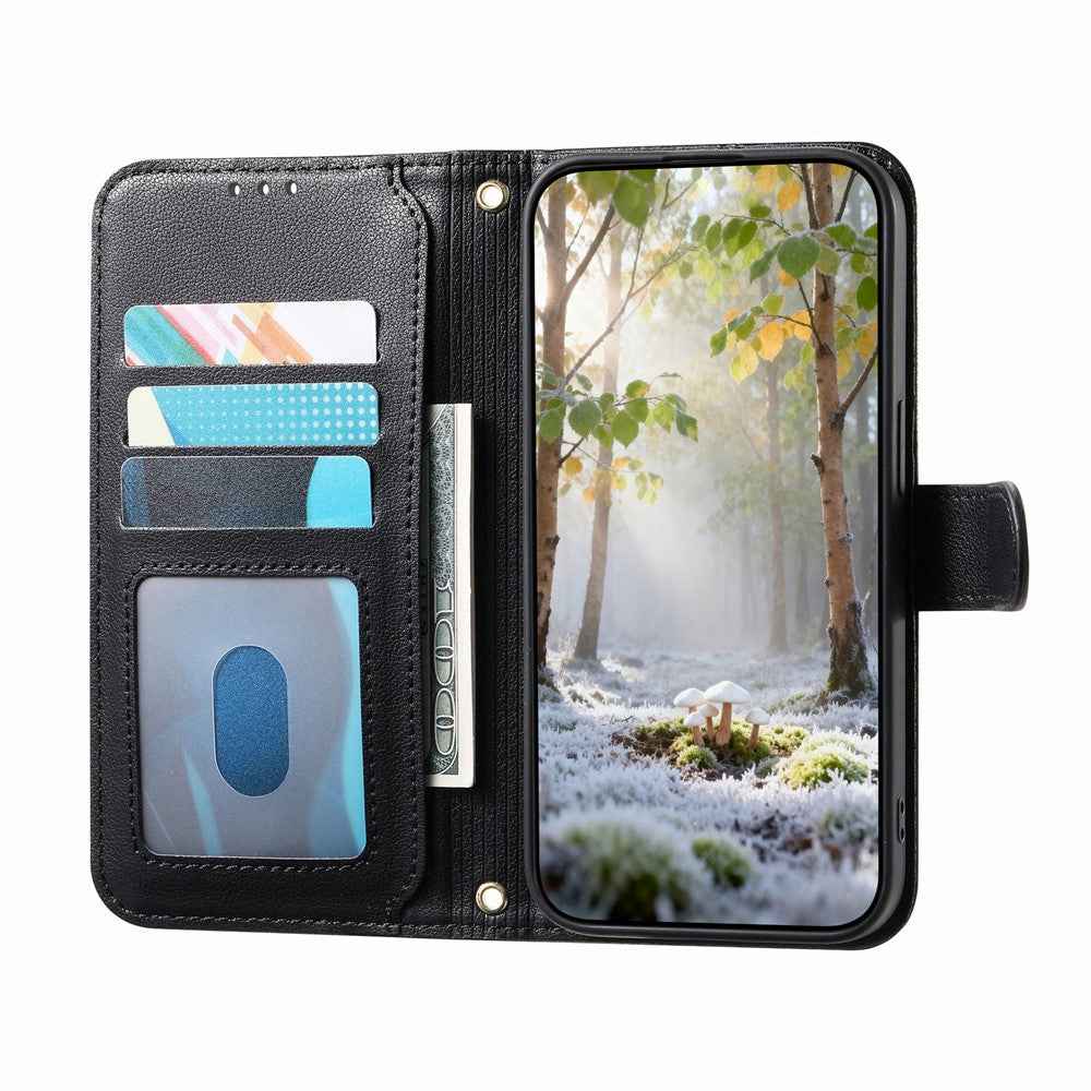 For Samsung Galaxy A57 5G Stand Case Imprint TPU PU Leather Zipper Pocket Wallet Phone Cover with Strap - Black