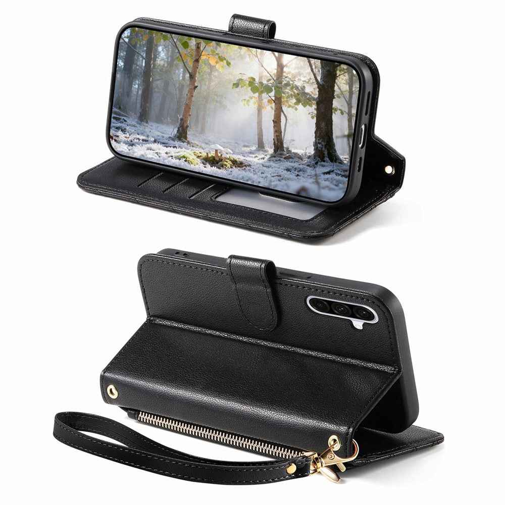 For Samsung Galaxy A57 5G Stand Case Imprint TPU PU Leather Zipper Pocket Wallet Phone Cover with Strap - Black