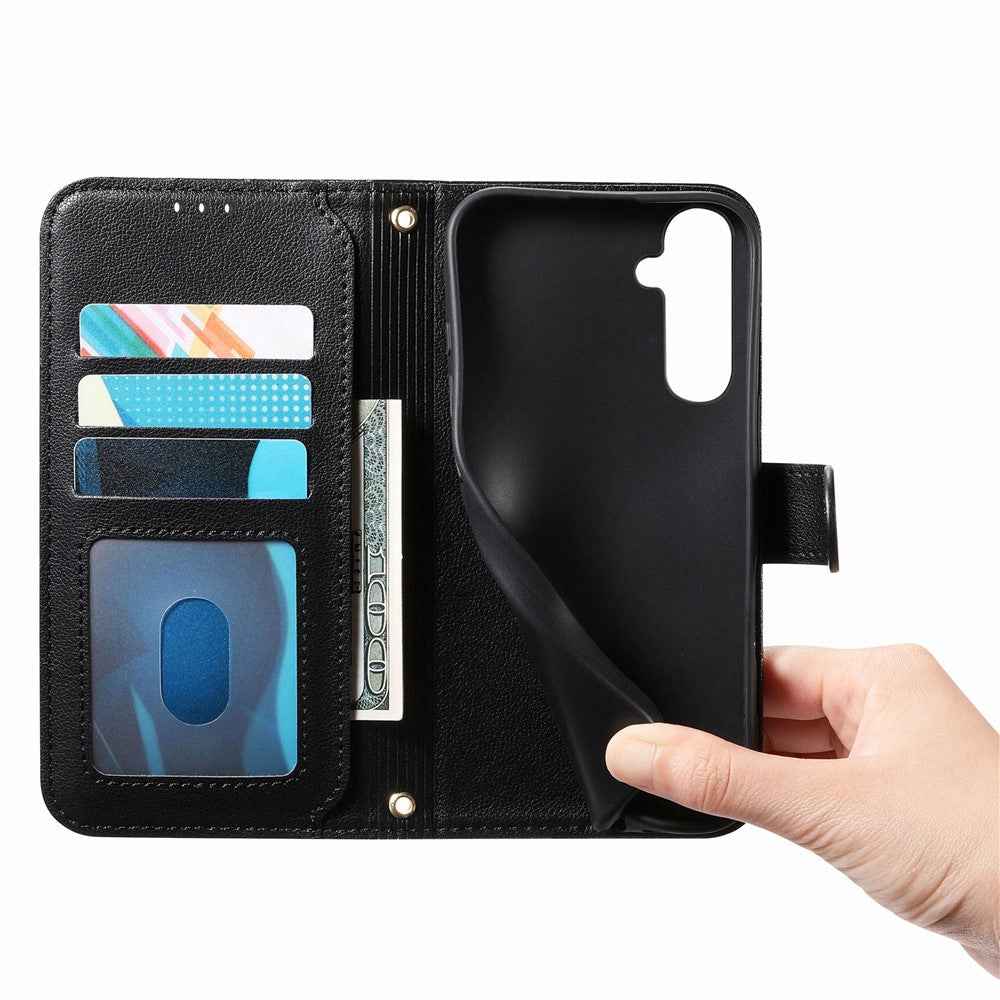 For Samsung Galaxy A57 5G Stand Case Imprint TPU PU Leather Zipper Pocket Wallet Phone Cover with Strap - Black