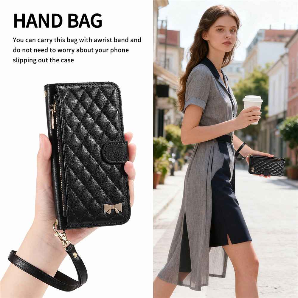For Samsung Galaxy A57 5G Stand Case Imprint TPU PU Leather Zipper Pocket Wallet Phone Cover with Strap - Black