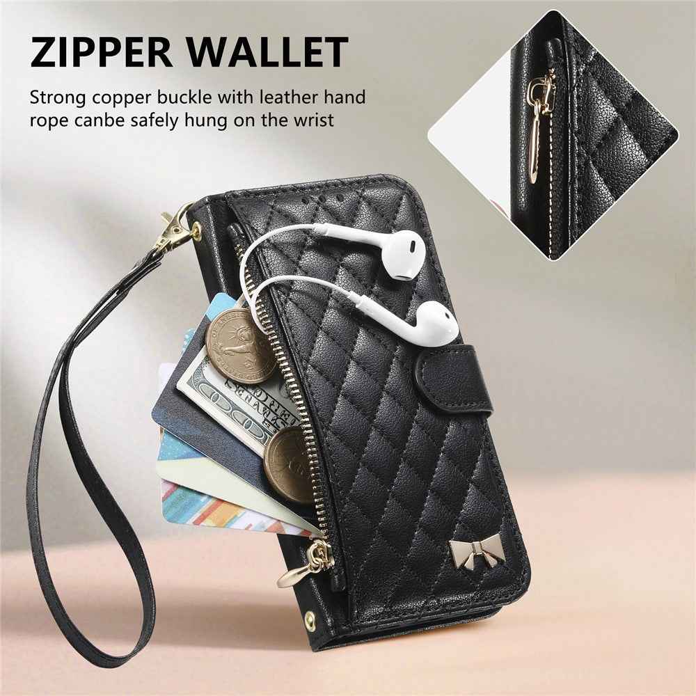 For Samsung Galaxy A57 5G Stand Case Imprint TPU PU Leather Zipper Pocket Wallet Phone Cover with Strap - Black