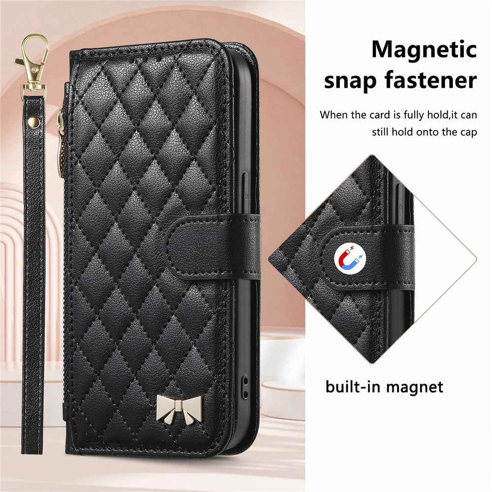 For Samsung Galaxy A57 5G Stand Case Imprint TPU PU Leather Zipper Pocket Wallet Phone Cover with Strap - Black