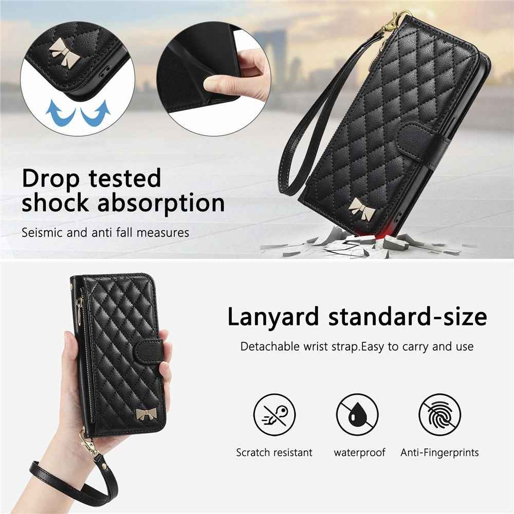 For Samsung Galaxy A57 5G Stand Case Imprint TPU PU Leather Zipper Pocket Wallet Phone Cover with Strap - Black