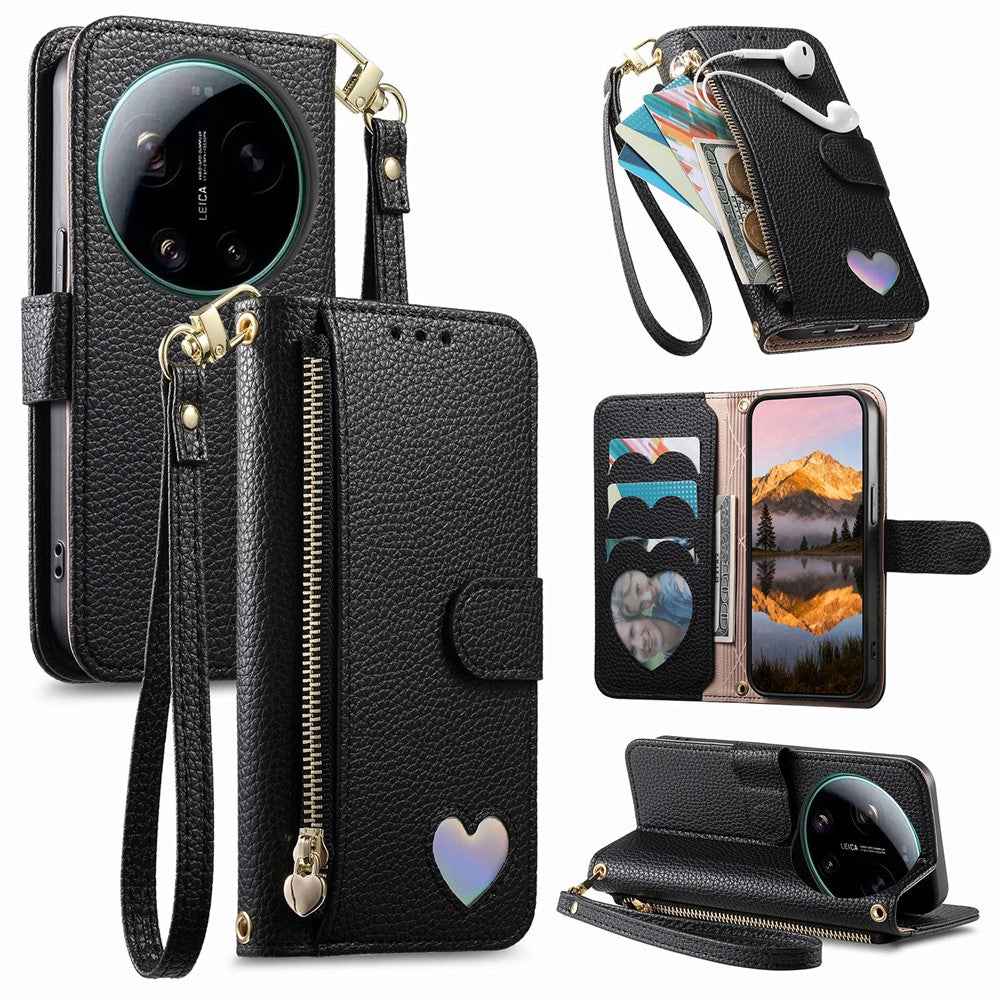 For Xiaomi 17 Ultra 5G Case Zipper Wallet Stand Heart Pattern PU Leather Phone Cover with Wrist Strap - Black