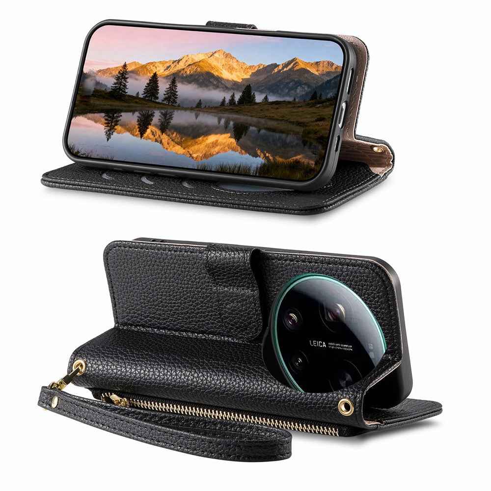 For Xiaomi 17 Ultra 5G Case Zipper Wallet Stand Heart Pattern PU Leather Phone Cover with Wrist Strap - Black