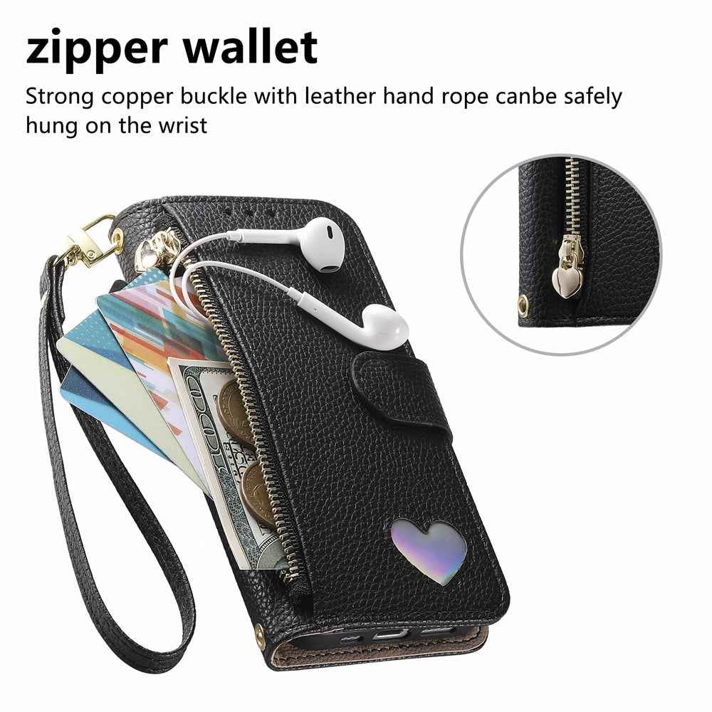 For Xiaomi 17 Ultra 5G Case Zipper Wallet Stand Heart Pattern PU Leather Phone Cover with Wrist Strap - Black