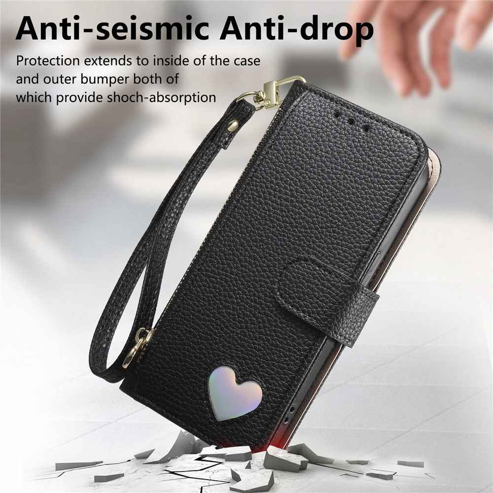 For Xiaomi 17 Ultra 5G Case Zipper Wallet Stand Heart Pattern PU Leather Phone Cover with Wrist Strap - Black