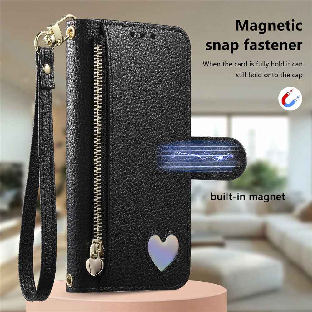 For Xiaomi 17 Ultra 5G Case Zipper Wallet Stand Heart Pattern PU Leather Phone Cover with Wrist Strap - Black