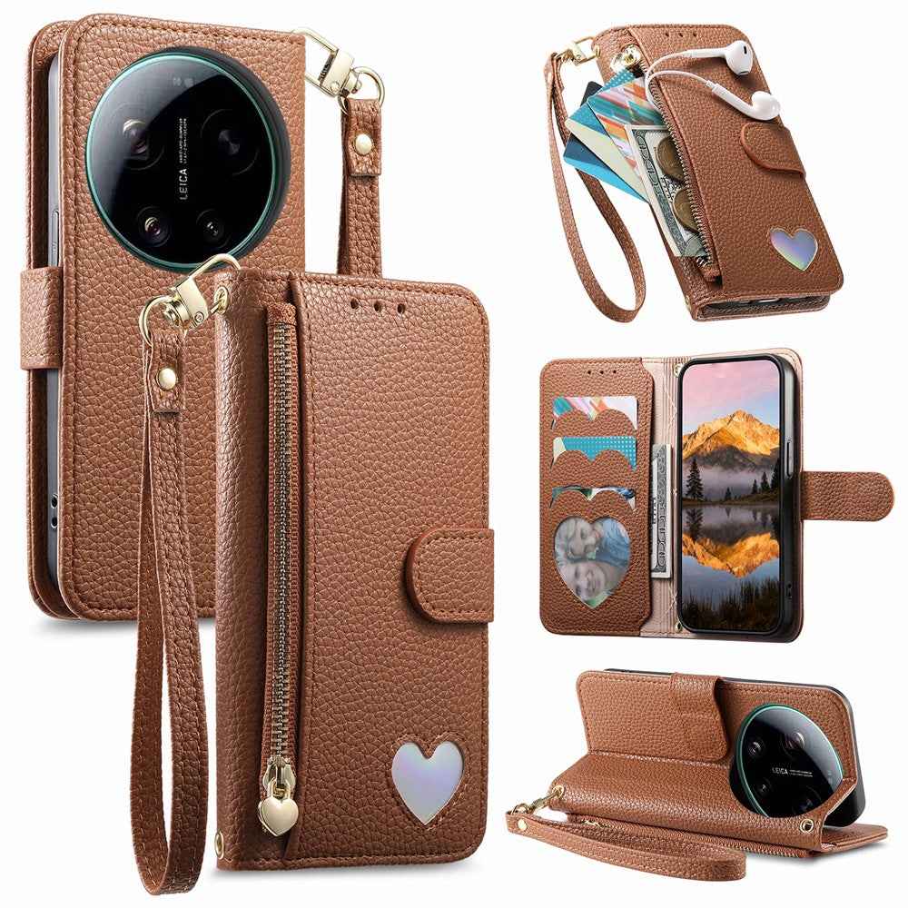 For Xiaomi 17 Ultra 5G Case Zipper Wallet Stand Heart Pattern PU Leather Phone Cover with Wrist Strap - Brown