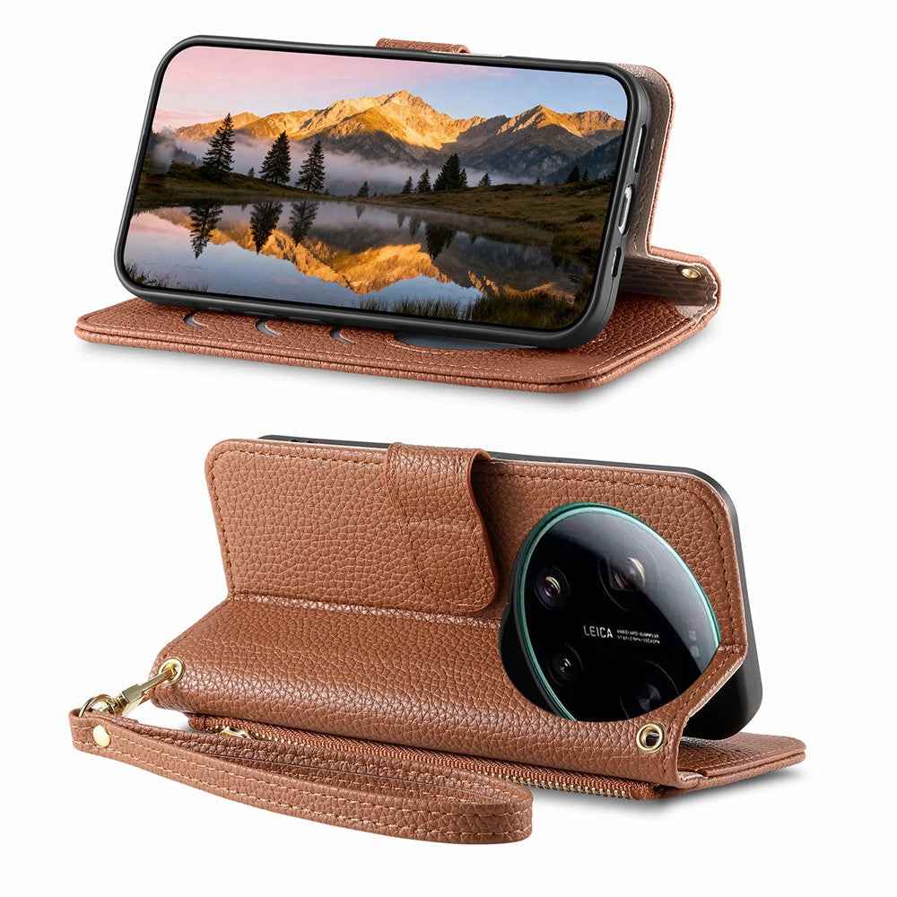 For Xiaomi 17 Ultra 5G Case Zipper Wallet Stand Heart Pattern PU Leather Phone Cover with Wrist Strap - Brown