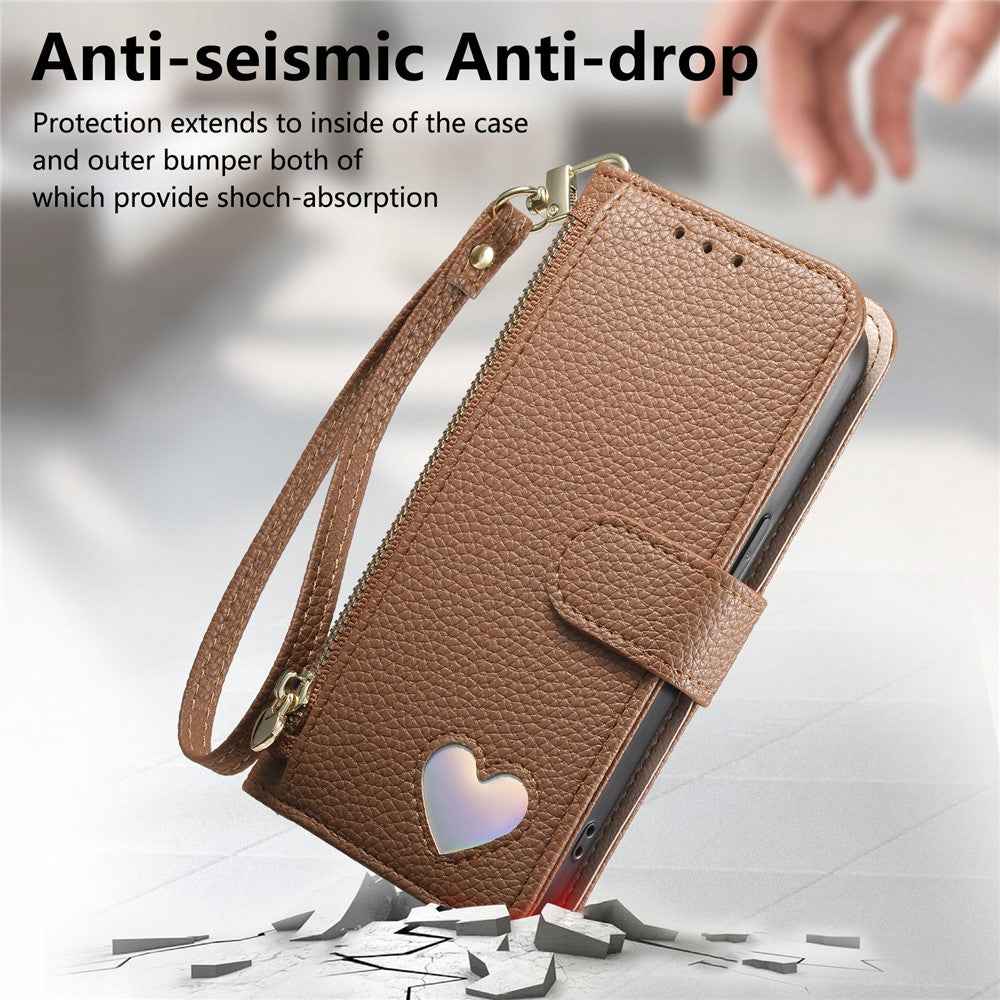 For Xiaomi 17 Ultra 5G Case Zipper Wallet Stand Heart Pattern PU Leather Phone Cover with Wrist Strap - Brown