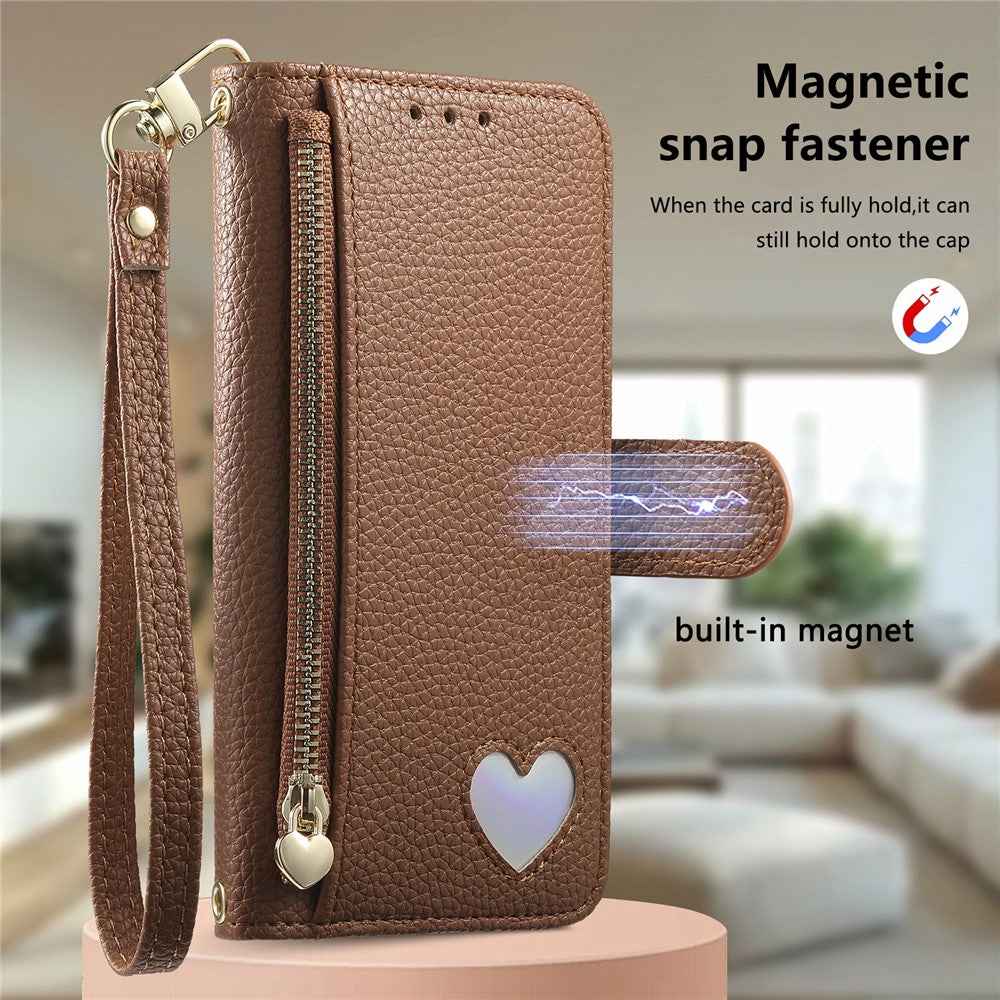 For Xiaomi 17 Ultra 5G Case Zipper Wallet Stand Heart Pattern PU Leather Phone Cover with Wrist Strap - Brown
