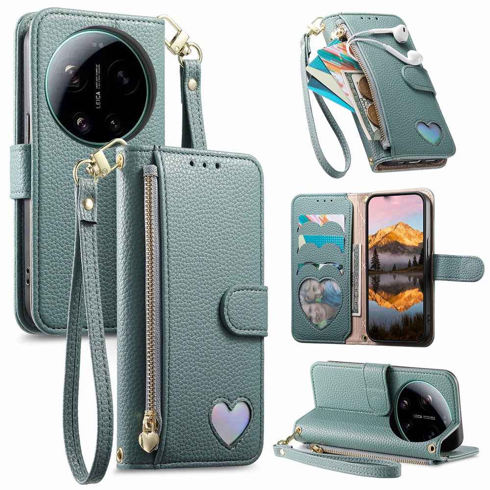For Xiaomi 17 Ultra 5G Case Zipper Wallet Stand Heart Pattern PU Leather Phone Cover with Wrist Strap - Blue