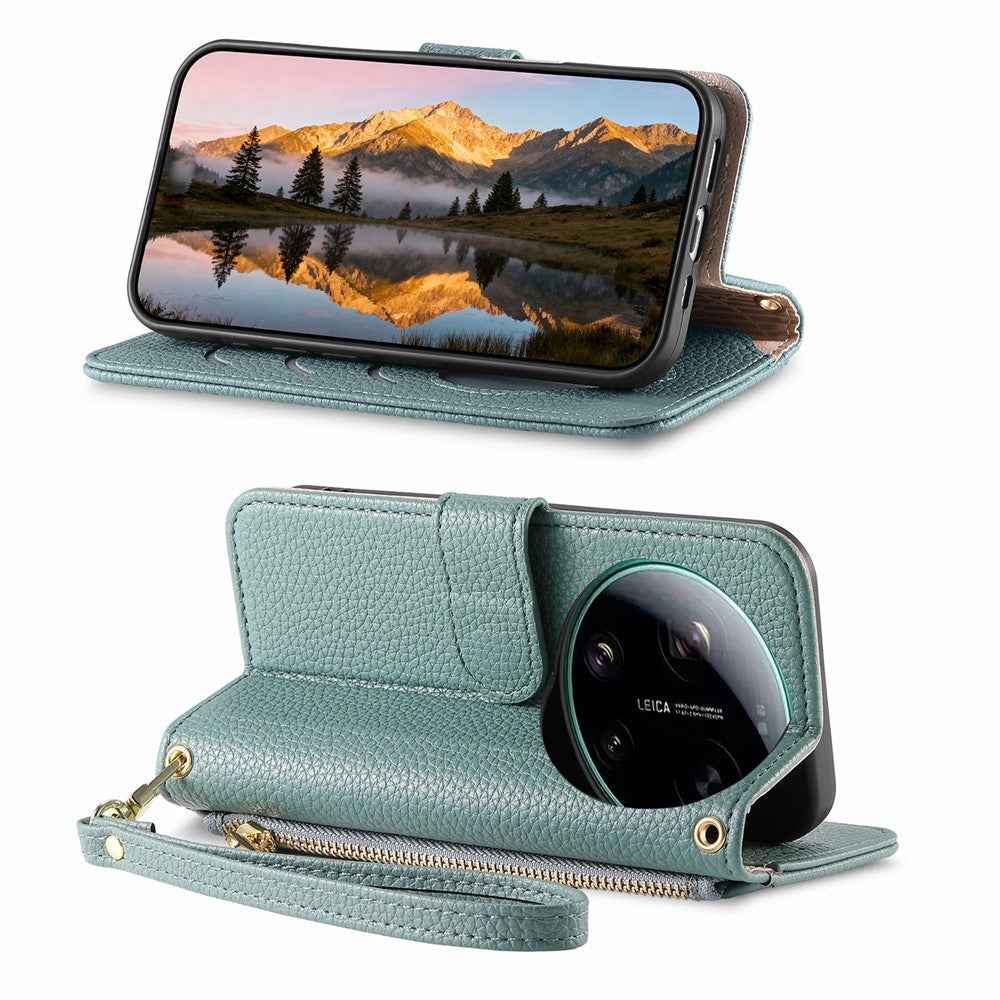For Xiaomi 17 Ultra 5G Case Zipper Wallet Stand Heart Pattern PU Leather Phone Cover with Wrist Strap - Blue