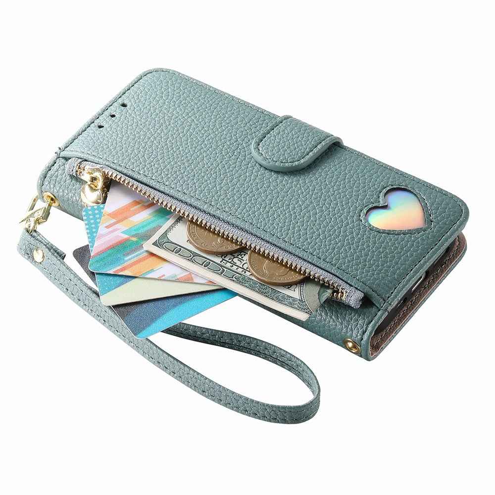 For Xiaomi 17 Ultra 5G Case Zipper Wallet Stand Heart Pattern PU Leather Phone Cover with Wrist Strap - Blue