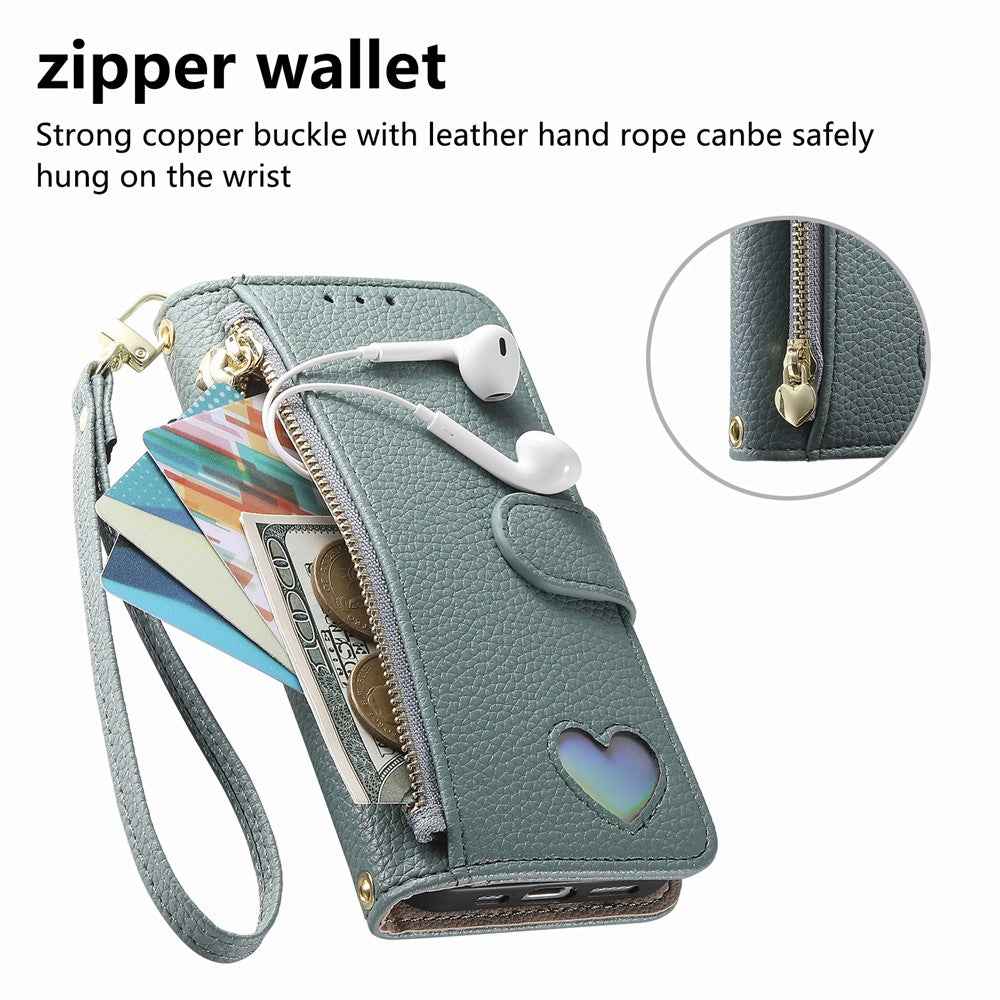 For Xiaomi 17 Ultra 5G Case Zipper Wallet Stand Heart Pattern PU Leather Phone Cover with Wrist Strap - Blue