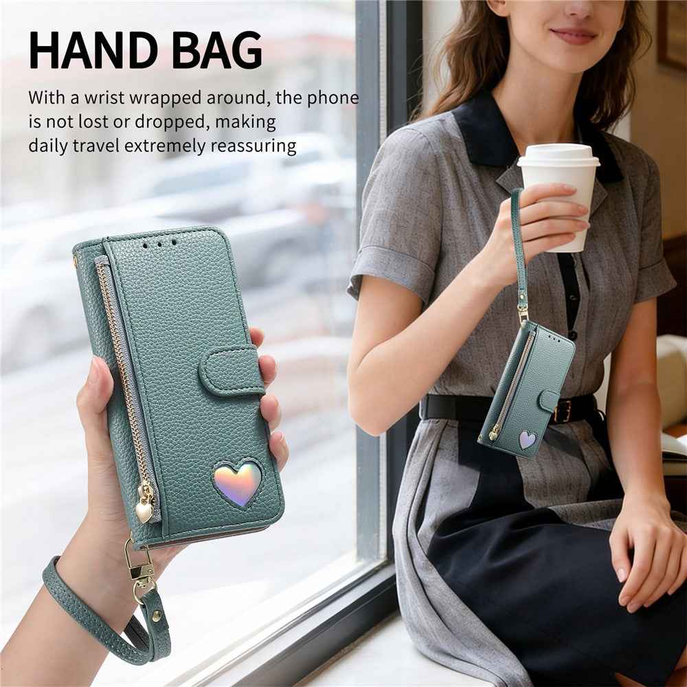 For Xiaomi 17 Ultra 5G Case Zipper Wallet Stand Heart Pattern PU Leather Phone Cover with Wrist Strap - Blue