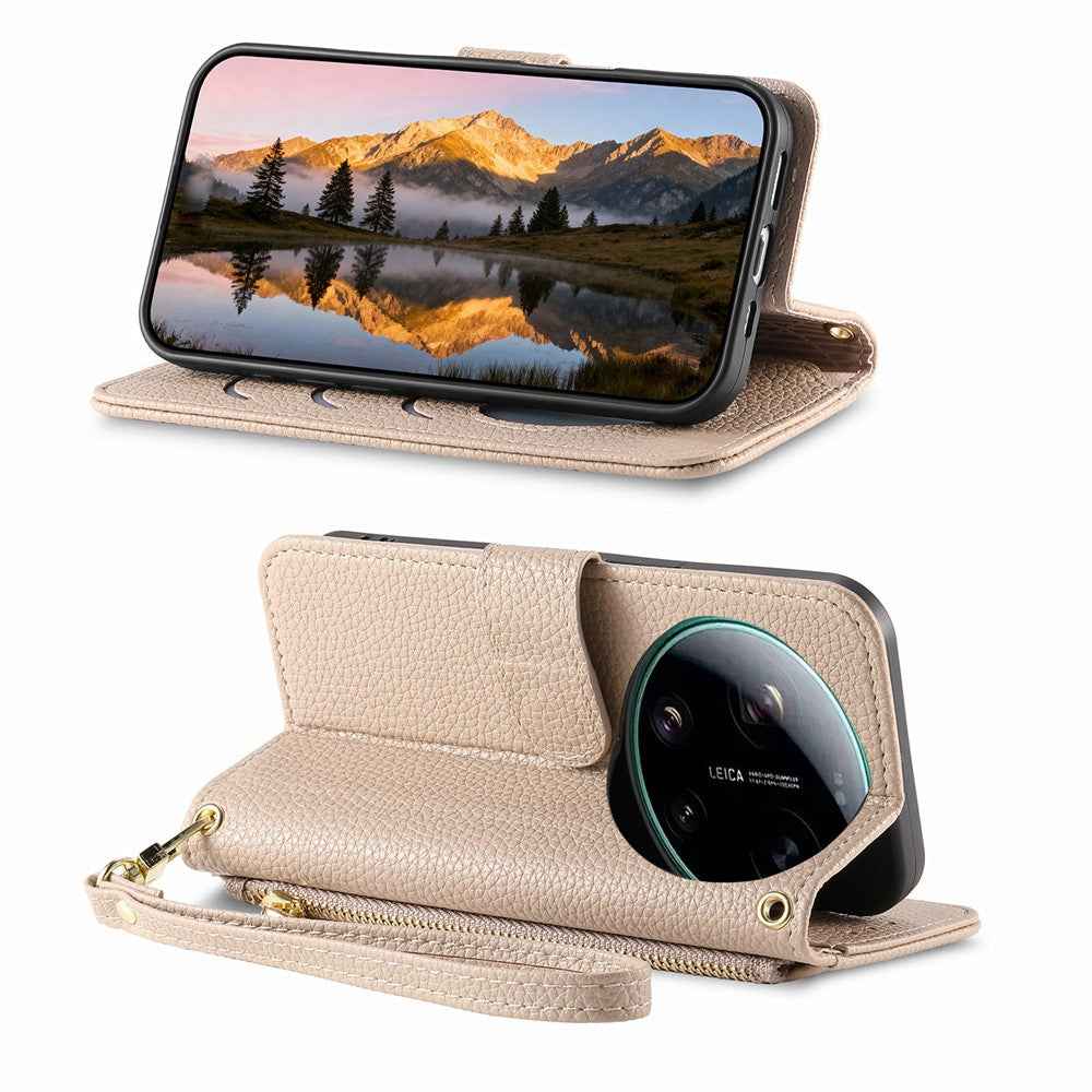 For Xiaomi 17 Ultra 5G Case Zipper Wallet Stand Heart Pattern PU Leather Phone Cover with Wrist Strap - Khaki