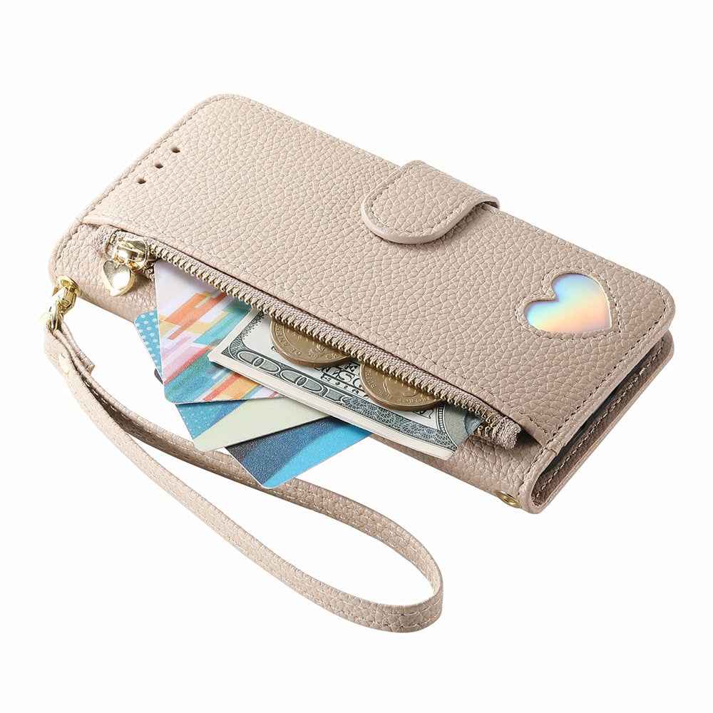 For Xiaomi 17 Ultra 5G Case Zipper Wallet Stand Heart Pattern PU Leather Phone Cover with Wrist Strap - Khaki