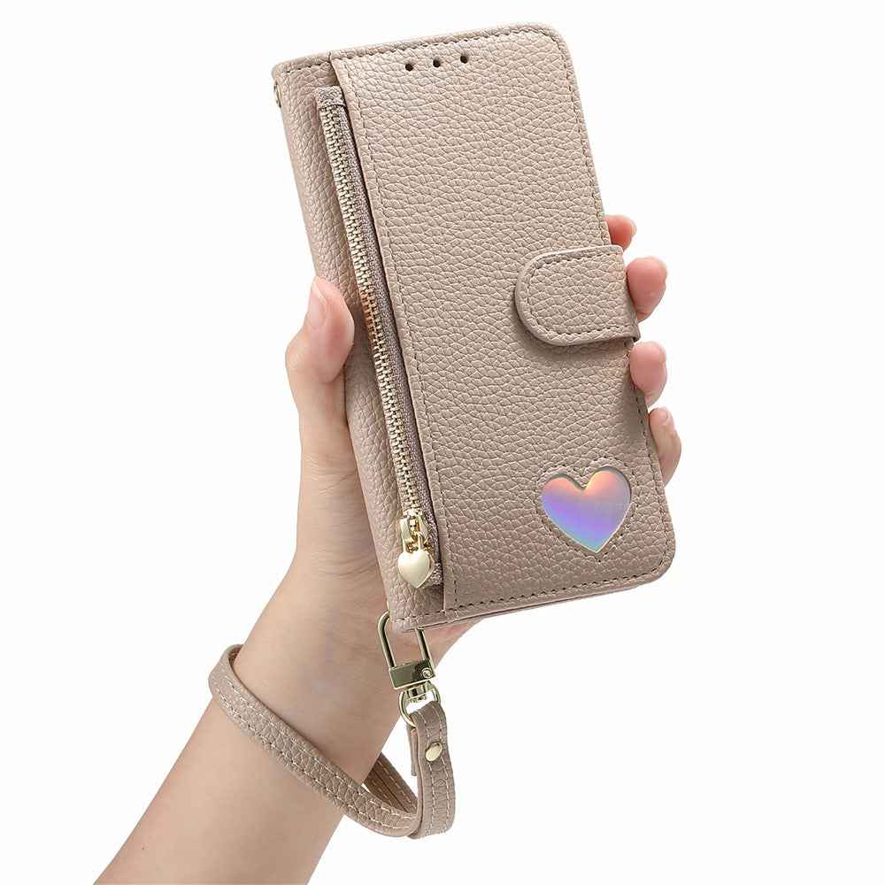 For Xiaomi 17 Ultra 5G Case Zipper Wallet Stand Heart Pattern PU Leather Phone Cover with Wrist Strap - Khaki