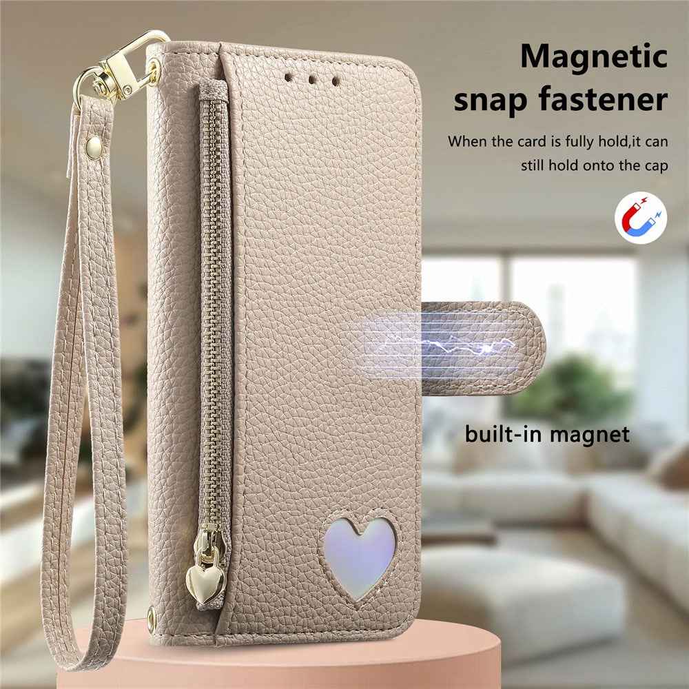 For Xiaomi 17 Ultra 5G Case Zipper Wallet Stand Heart Pattern PU Leather Phone Cover with Wrist Strap - Khaki