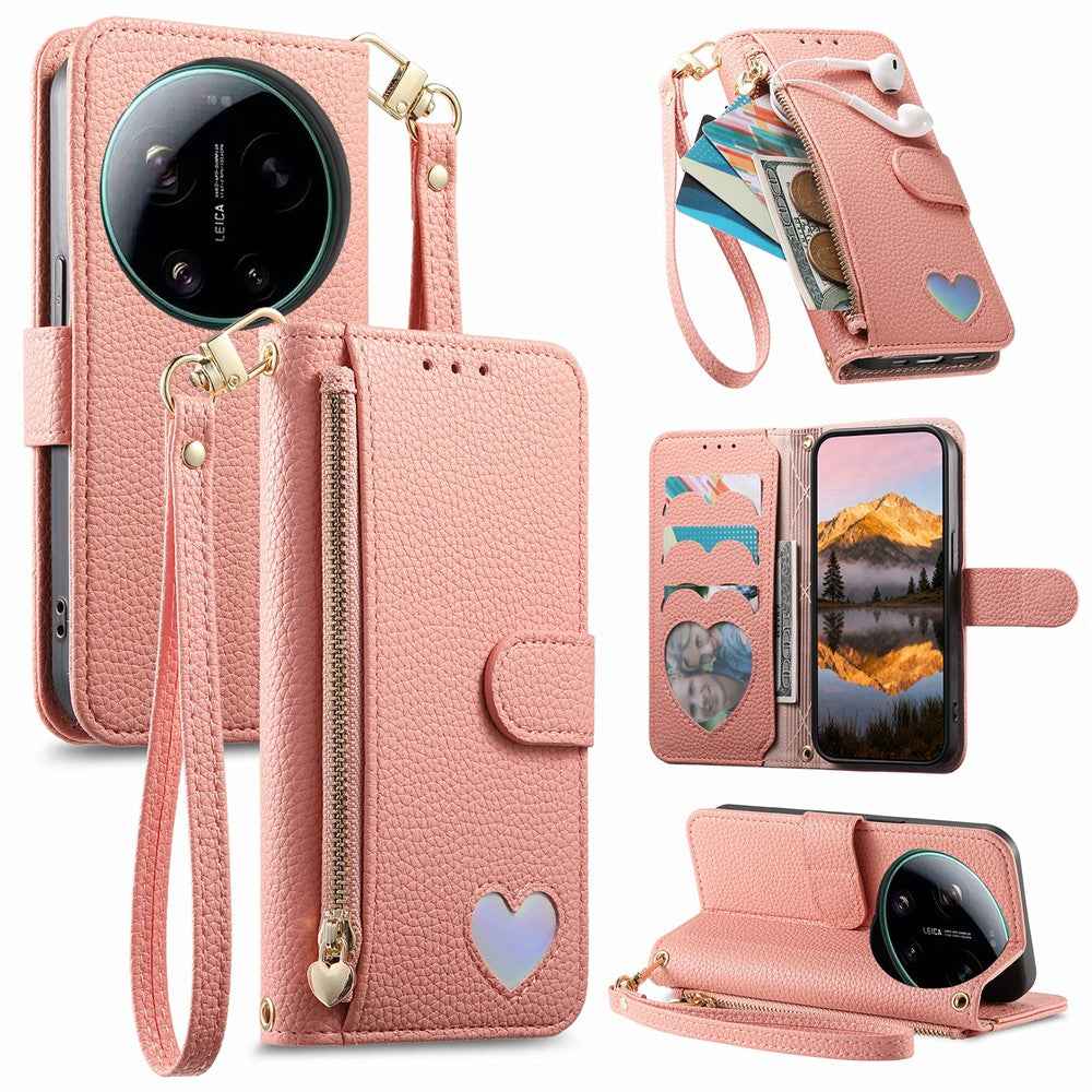 For Xiaomi 17 Ultra 5G Case Zipper Wallet Stand Heart Pattern PU Leather Phone Cover with Wrist Strap - Pink